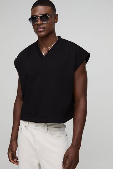 Black Oversized Boxy Cropped V Neck Sweatshirt Vest