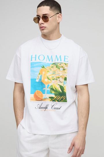 Oversized Homme Amalfi Coast Landschap T-Shirt Met Brede Nek white