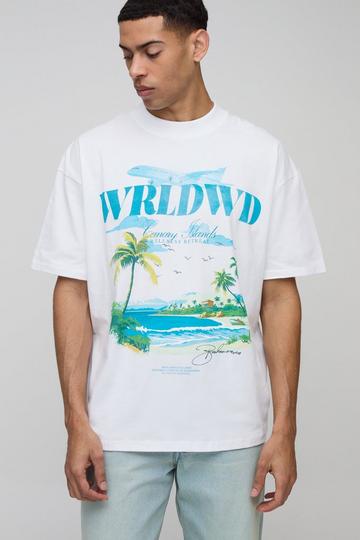 Oversized Extended Neck Wrldwd Beach Landscape T-Shirt white