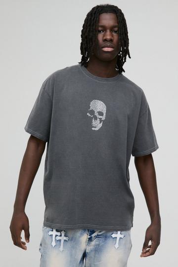 Oversized Skull Rhinestone Washed Graphic T-Shirt charcoal