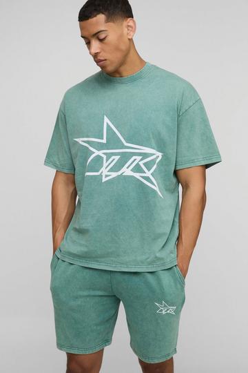 Oversized M Star Washed T-Shirt & Short Set green