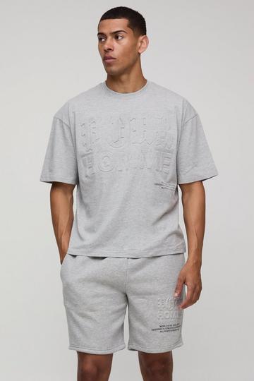 Oversized Boxy Homme T-Shirt Met Print En Reliëf En Shorts Set grey marl