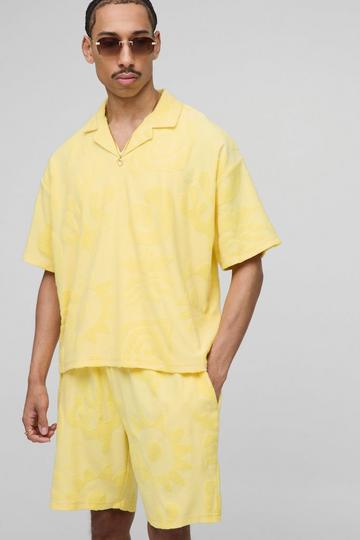 Oversized Boxy Jacquard Badstoffen Polo En Shorts Set yellow