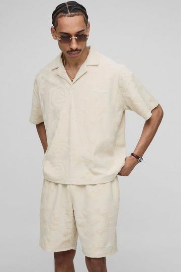 Oversized Boxy Jacquard Badstoffen Polo En Shorts Set stone