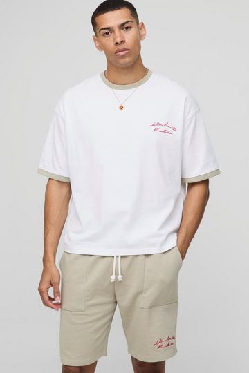 Stone Beige Oversized Ringer T-Shirt & Shorts Set