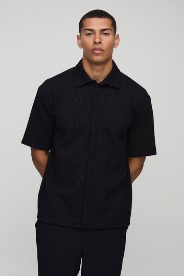 Oversized Two-Tone Ribbed Jersey Concealed Placket Shirt black