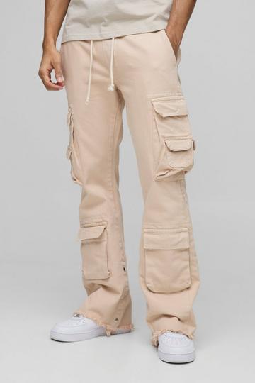 Popper Hem Multi Cargo Pocket Relaxed Fit Flared Jeans stone