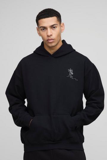 Oversized Boxy Palm Tree Embroidered Hoodie black