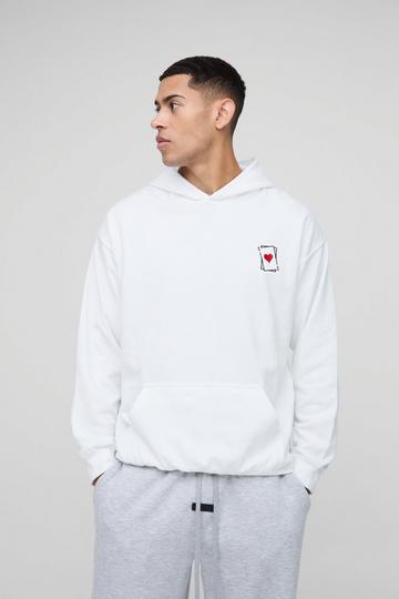 Oversized Boxy Heart Playing Cards Embroidered Hoodie white