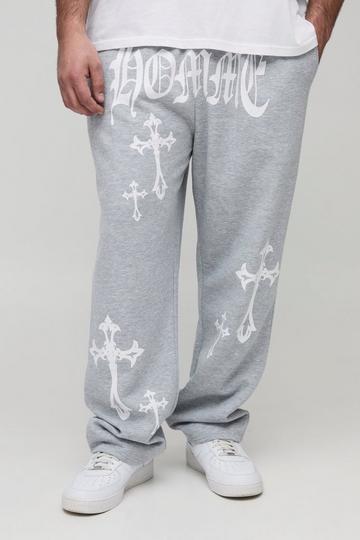 Plus Homme Cross Print Oversized Joggers grey marl