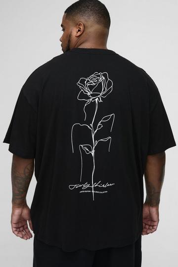 Plus Oversized Bloemen Lijntekening T-Shirt black