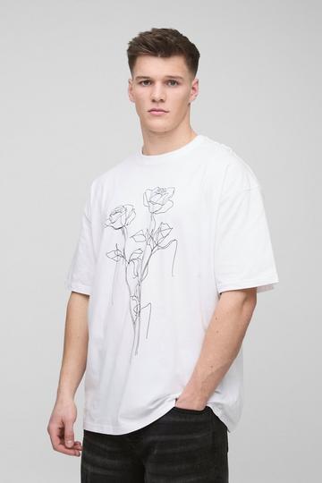 Tall Oversized Bloemen Lijntekening T-Shirt Met Brede Nek white