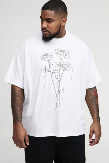 Plus Oversized Bloemen Lijntekening T-Shirt Met Brede Nek white