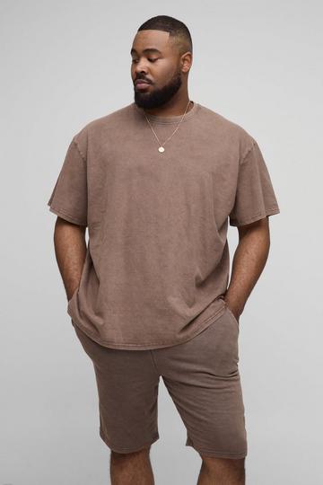Plus Oversized Acid Wash T-Shirt & Short Set brown