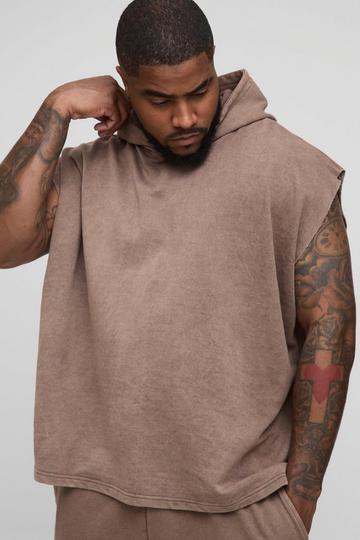 Plus Oversized Boxy Sleeveless Acid Wash Hoodie brown