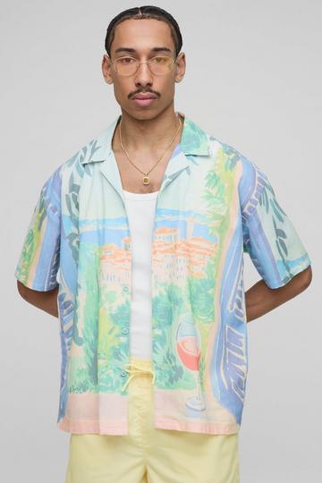 Oversized Linnen Mix Print Overhemd Met Print blue