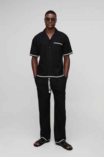 Oversized Contrast Trim Heavyweight Linen Shirt & Relaxed Trouser Set black