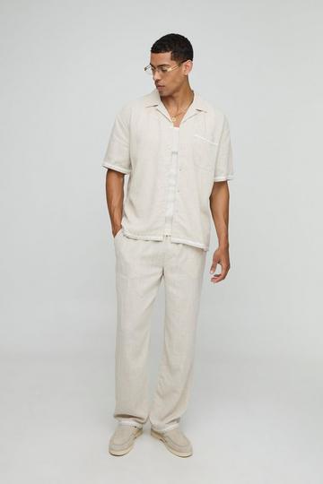 Oversized Dikke Linnen Blouse Met Contrasterende Zoom En Baggy Broek Set natural