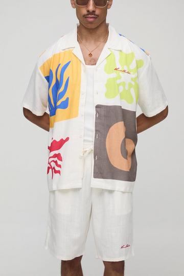 Oversized Abstract Linen Blend Shirt & Relaxed Short Set natural