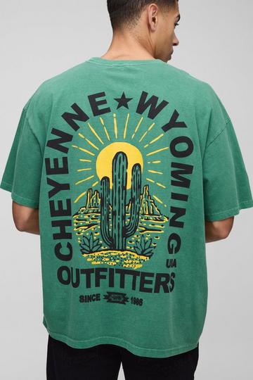 Oversized Wyoming Western Landscape Print Washed T-Shirt green