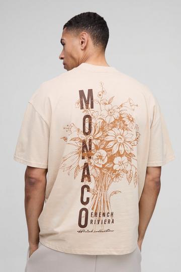 Oversized Extended Neck Monaco Floral Printed T-Shirt sand