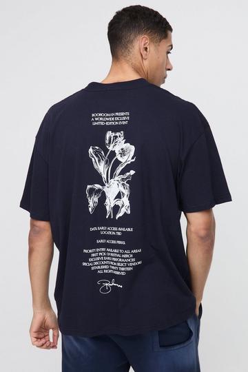 Oversized Extended Neck Line Drawn Floral Print T-Shirt navy