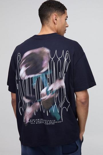 Oversized Extended Neck Blurred Floral Print T-Shirt navy