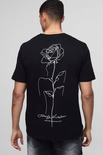 Regular Fit Line Drawn Rose Floral Print T-Shirt black