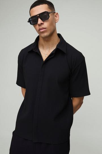 Oversized Concealed Placket Pleated Short Sleeve Shirt black