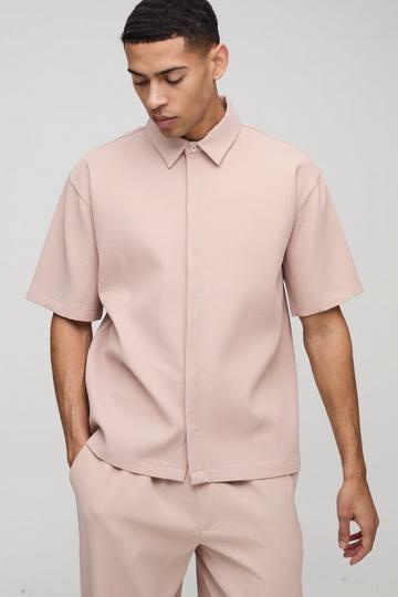 Oversized Concealed Placket Pleated Short Sleeve Shirt taupe