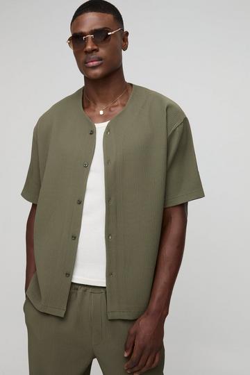 Oversized Collarless Pleated Short Sleeve Shirt olive