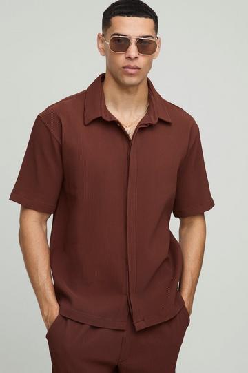 Oversized Concealed Placket Pleated Short Sleeve Shirt chocolate