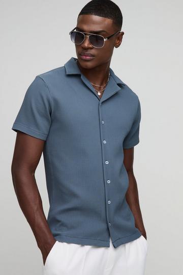 Slim Fit Revere Pleated Shirt slate blue