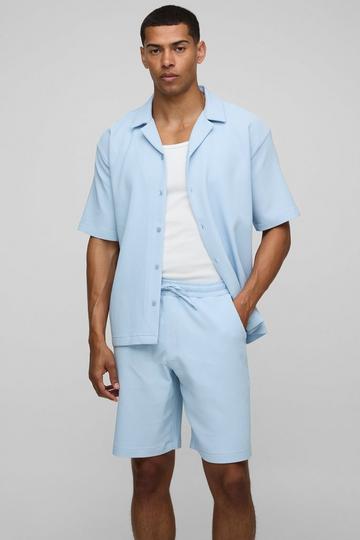 Oversized Revere Pleated Shirt & Short Set light blue