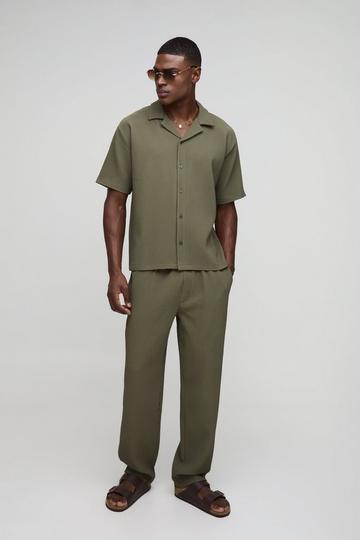 Olive Green Oversized Revere Pleated Shirt & Trouser Set