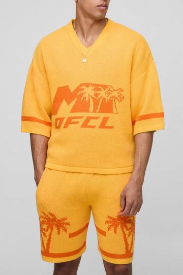 OFCL Oversized Boxy V Neck Baseball Knitted T-Shirt & Short Set yellow