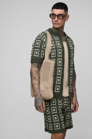Tall Oversized Crochet Shirt & Short Set olive