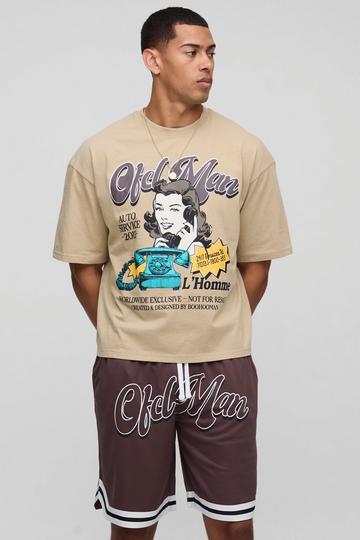 Oversized Boxy Graphic T-shirt And Basketball Short Set brown