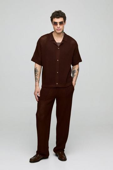 Oversized Gebreid Overhemd Met Revers Kraag En Baggy Broek Set chocolate