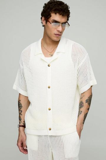 Oversized Gebreid Overhemd Met Revers Kraag En Baggy Broek Set ecru