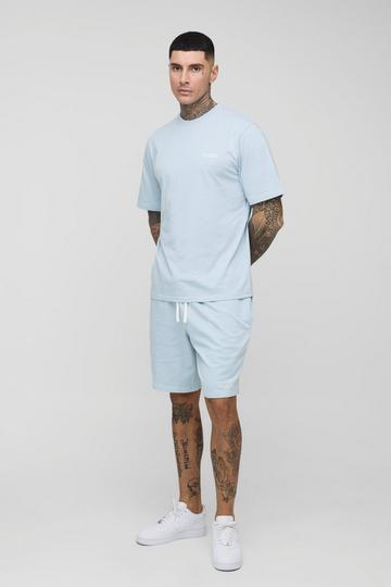 Tall Geborduurd Man T-Shirt En Shorts Set light blue