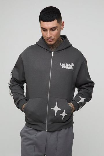 Tall Oversized Boxy Worldwide Puff Print Zip Through Hoodie charcoal
