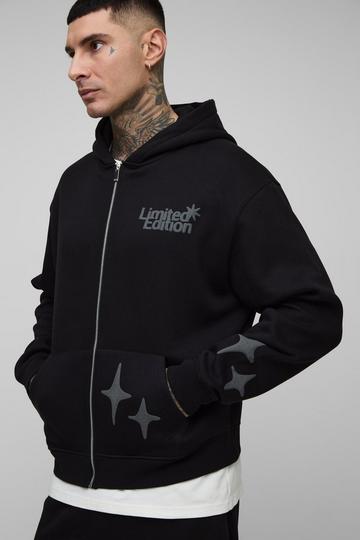 Tall Oversized Boxy Worldwide Puff Print Zip Through Hoodie black
