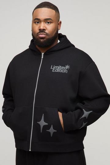 Plus Oversized Boxy Worldwide Puff Print Zip Through Hoodie black