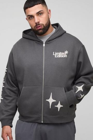 Plus Oversized Boxy Worldwide Puff Print Zip Through Hoodie charcoal