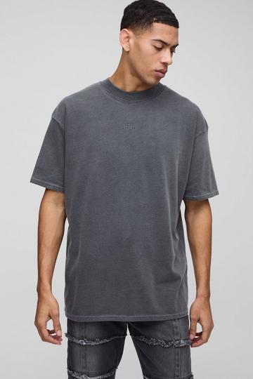 Black Oversized Extended Neck Man Washed Printed T-Shirt