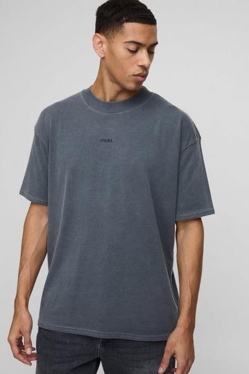 Oversized Extended Neck Man Washed Printed T-Shirt charcoal