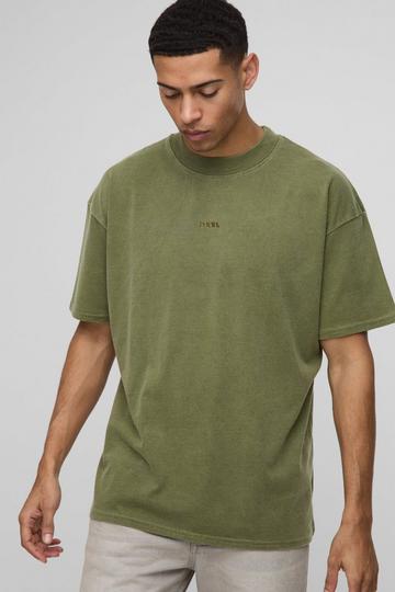 Oversized Extended Neck Man Washed Printed T-Shirt green olive