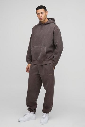 Oversized Man Washed Printed Hooded Tracksuit chocolate