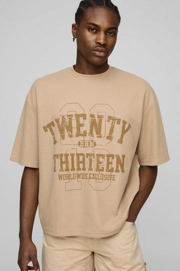 Oversized Boxy Waffle Varsity Printed T-Shirt taupe
